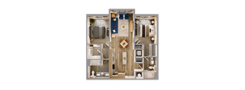 A top-down view of a room with a bed, a couch, a table, and a chair.