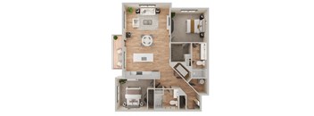 A top-down view of a house layout with a living room, kitchen, dining area, and bedrooms.