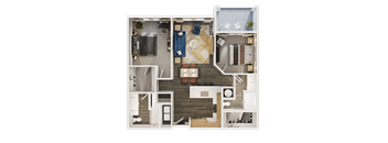 A detailed 3D floor plan of a house showing the layout of the rooms and furniture.