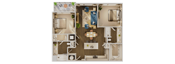 A detailed 3D floor plan of a small apartment with a kitchen, living room, and bedroom.