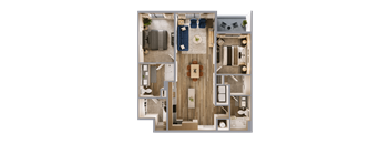 A detailed 3D floor plan of a modern apartment.