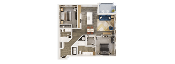 A detailed 3D floor plan of a house showing all rooms and their furnishings.