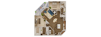 A top-down view of a house layout with a pool in the backyard.