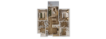 A detailed 3D floor plan of a house layout.