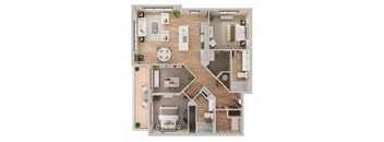 A top-down view of a house layout with a kitchen, living room, and two bedrooms.