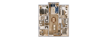 A top-down view of a house layout with a central living area, bedrooms, and bathrooms.