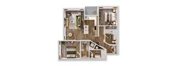 A top-down view of a house layout with a living room, kitchen, and bedrooms.