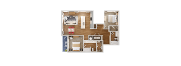 A detailed 3D floor plan of a house layout.