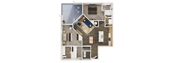 A floor plan of a house with a kitchen, living room, dining room, and two bedrooms.