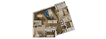A detailed 3D floor plan of a house layout.