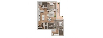 A top-down view of a house layout with a kitchen, living room, and bedrooms.
