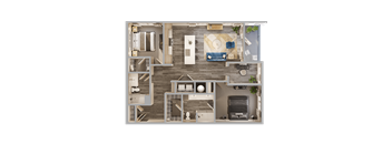 A top-down view of a house layout with a living room, kitchen, and bedrooms.
