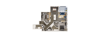 A top-down view of a house layout with various rooms and furniture.