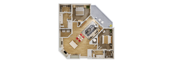 A top-down view of a house layout with a living room, kitchen, and bedrooms.