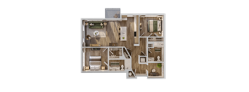 A detailed floor plan of a modern apartment with a kitchen, living room, and bathroom.