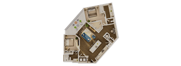 A top-down view of a house layout with a kitchen, living room, and bathroom.