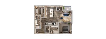 A top-down view of a house layout with a living room, kitchen, dining area, and bedrooms.