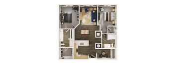 A top-down view of a house layout with a kitchen, living room, and two bedrooms.