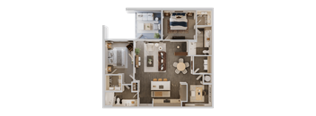 A detailed 3D floor plan of a modern apartment.