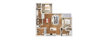 A detailed 3D floor plan of a small apartment layout.