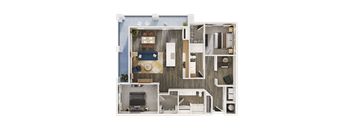 A detailed 3D floor plan of a house layout.