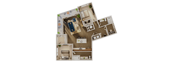 A detailed 3D floor plan of a house layout.