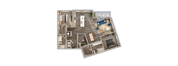 A top-down view of a house layout with a living room, kitchen, and dining area.