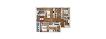 A detailed 3D floor plan of a house layout.