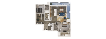 A floor plan of a house with a kitchen, living room, and two bedrooms.