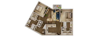 A top-down view of a house layout with a kitchen, living room, and bathroom.