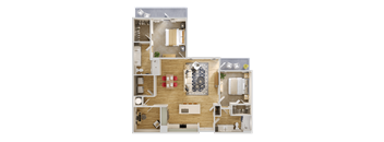A detailed 3D floor plan of a two-bedroom apartment.