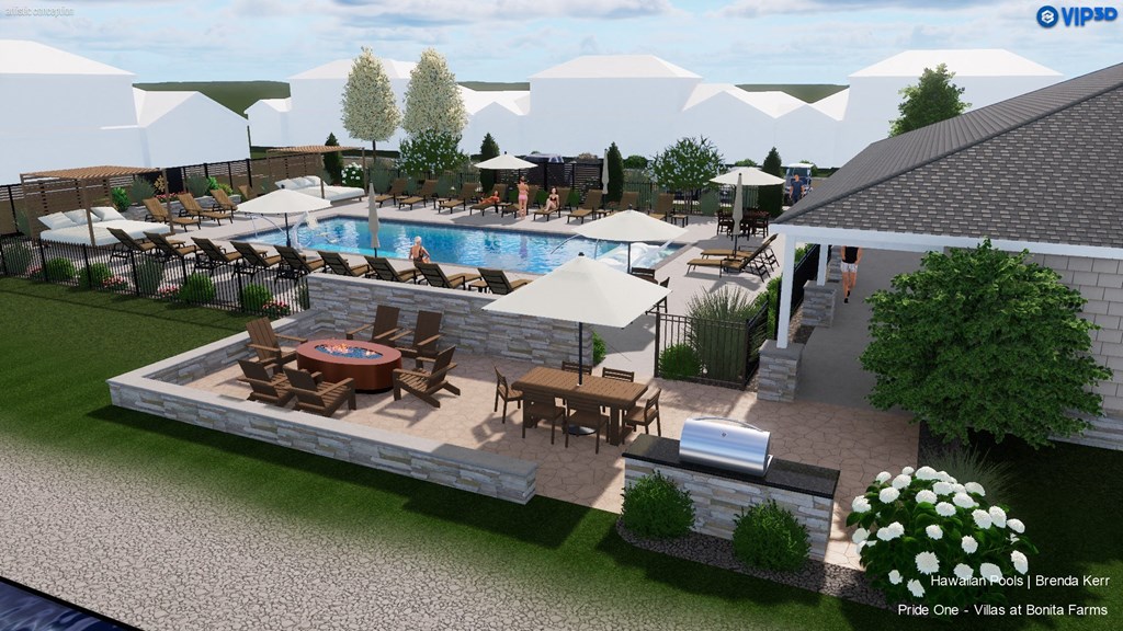 a rendering of a pool and patio with tables and umbrellas