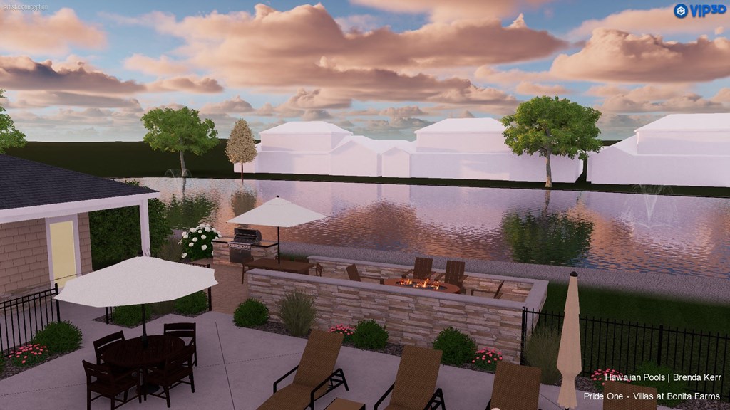 a rendering of a patio with a fire pit by the water