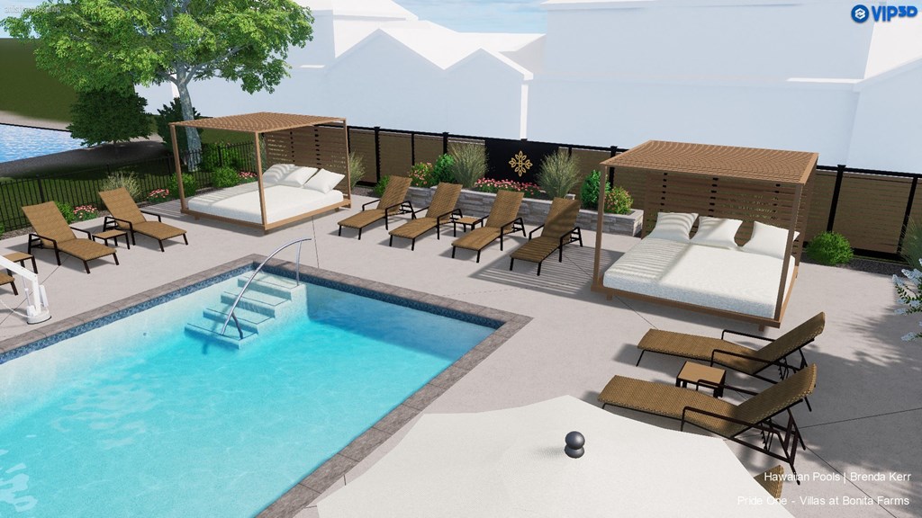 a rendering of a pool with lounge chairs and a poolside spa