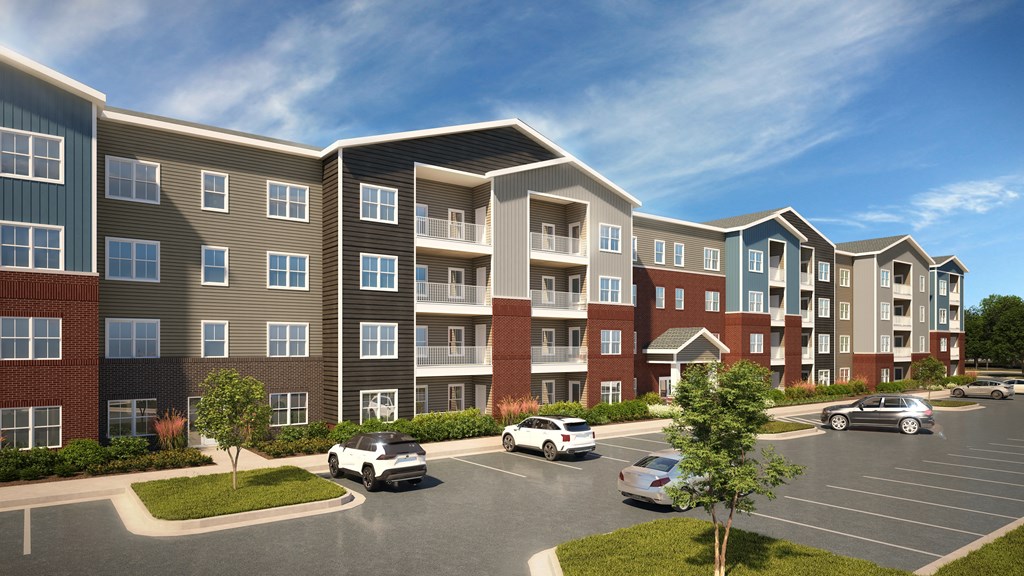 an architectural rendering of an apartment building with cars in a parking lot