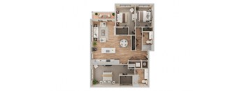 A top-down view of a house layout with a kitchen, living room, and bedrooms.