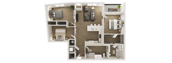A 3D floor plan of a house showing a kitchen, living room, and two bedrooms.