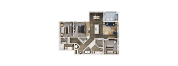 A detailed 3D floor plan of a house layout.