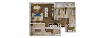 A 3D floor plan of a house with a living room, kitchen, dining room, and bedrooms.