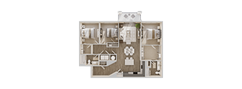 A detailed floor plan of a house with labeled rooms and furniture.