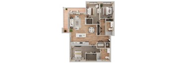 A floor plan of a house with a living room, kitchen, and two bedrooms.