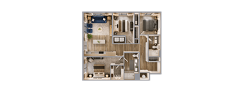 A detailed 3D floor plan of a modern apartment layout.