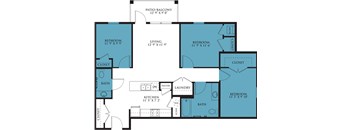 A blueprint of a house layout with labeled rooms and dimensions.