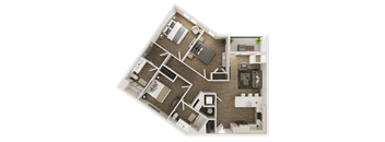 A detailed 3D floor plan of a house layout.