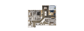 A detailed 3D floor plan of a house layout.
