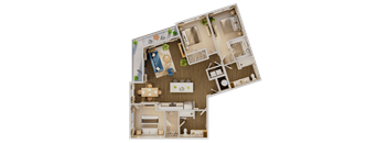 A detailed 3D floor plan of a house layout.