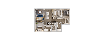 A detailed 3D floor plan of a house layout.