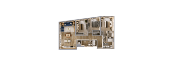 A detailed 3D floor plan of a modern apartment layout.