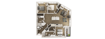 A detailed floor plan of a two-bedroom apartment with a kitchen, living room, and bathroom.