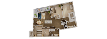 A detailed 3D floor plan of a house layout.